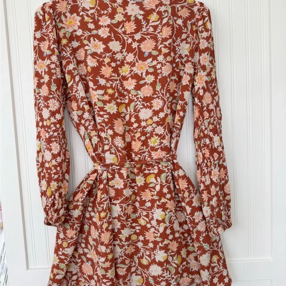 Billabong Rust Floral Wrap Midi Dress - Size Medium - Picture 7 of 8